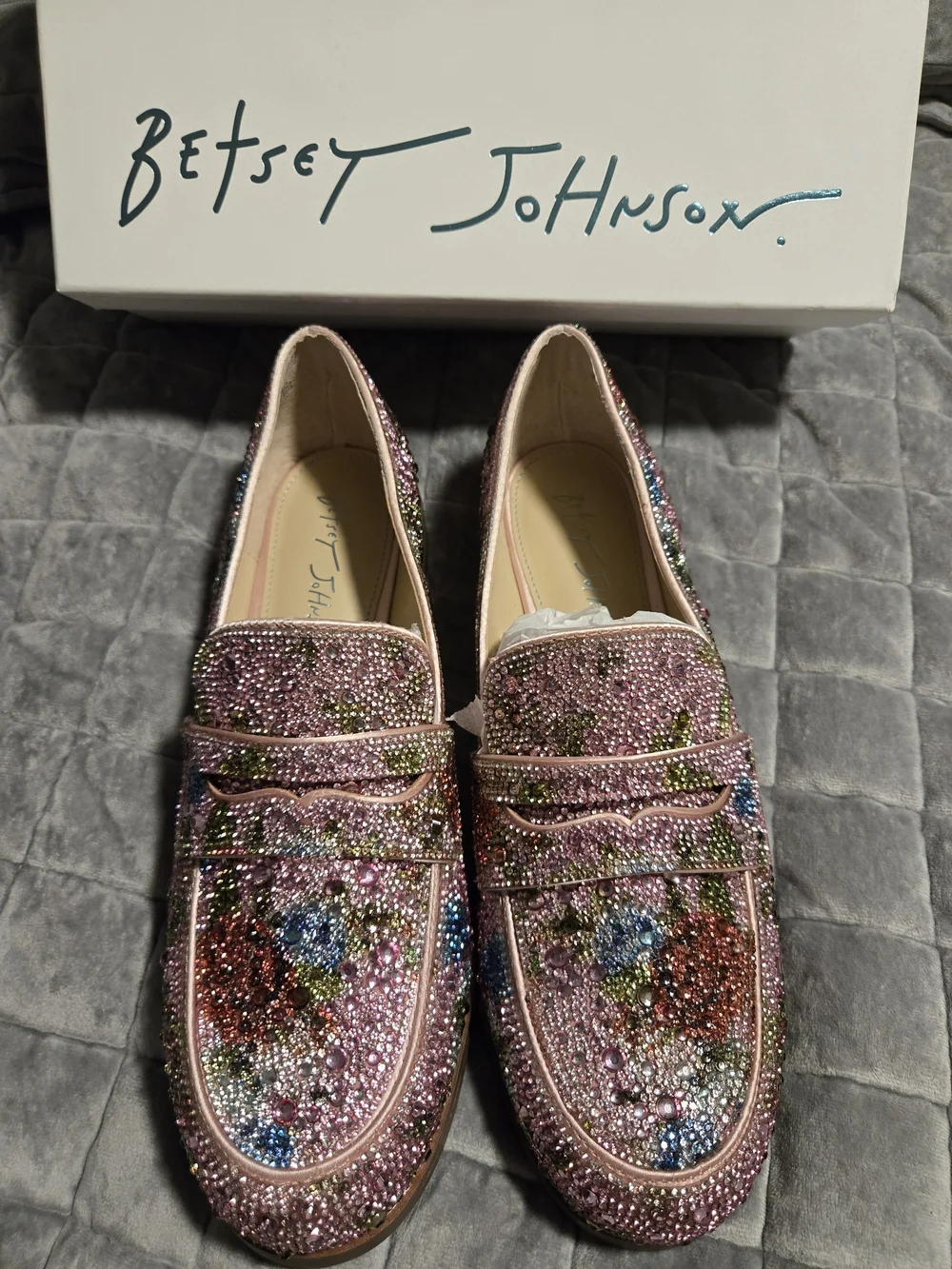 Betsey Johnson Pink Multicolor Crystal Penny Loafers - Picture 2 of 6